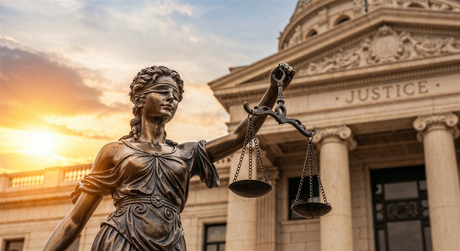 Representação da Justiça em frente a um tribunal